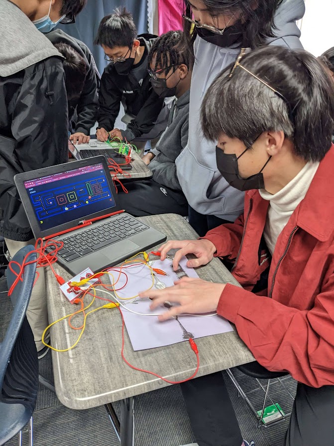 Picture of MakeyMakey microcontroller using resistive sensing to turn objects into keyboard inputs